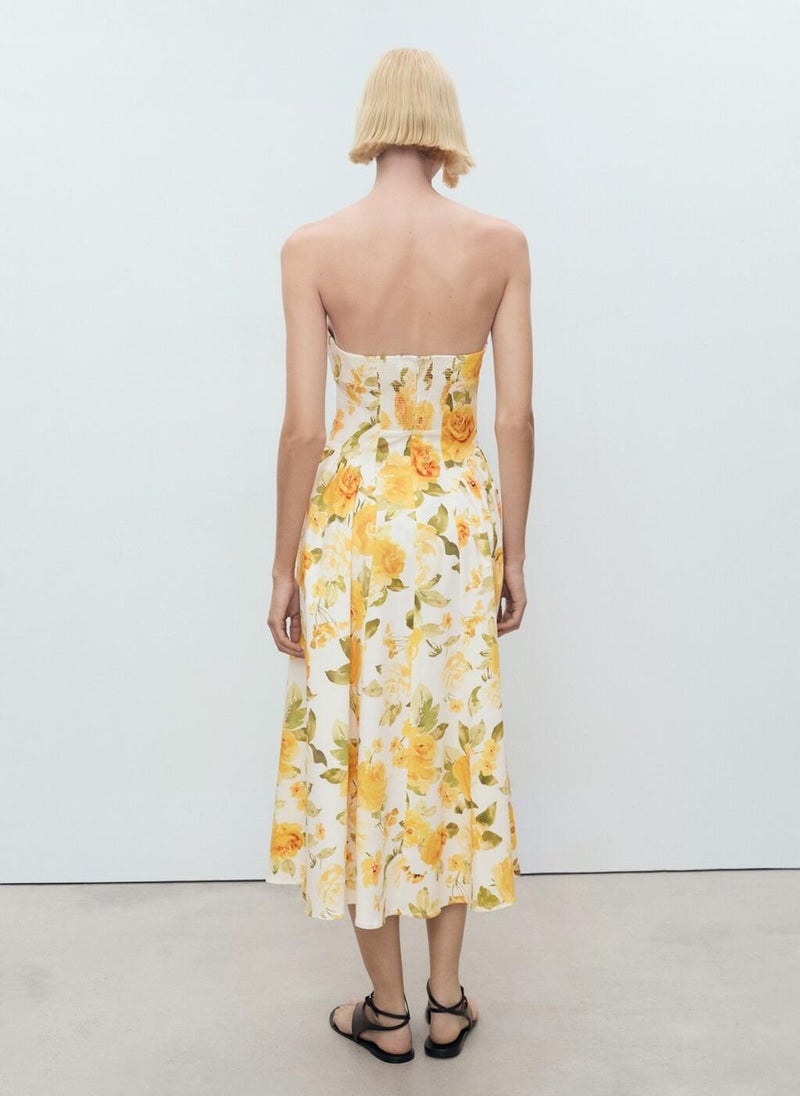Floral Midi-Dress With Gathered Neckline