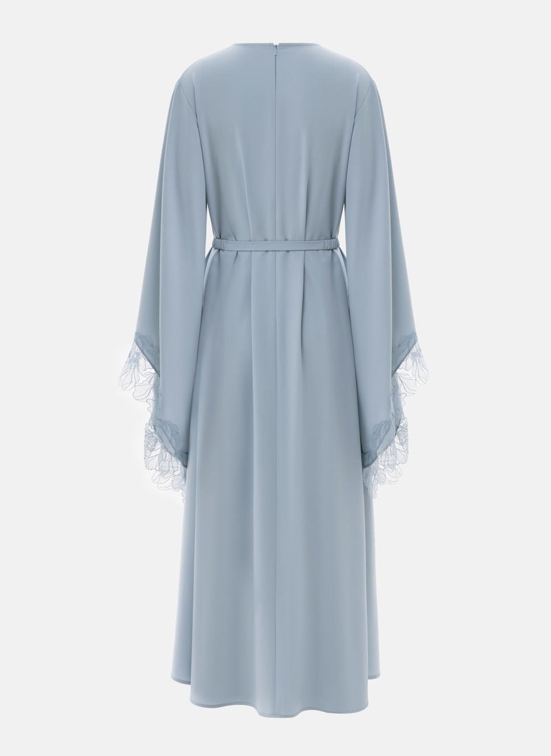 Satin maxi dress with lace on the sleeves and matching sash belt