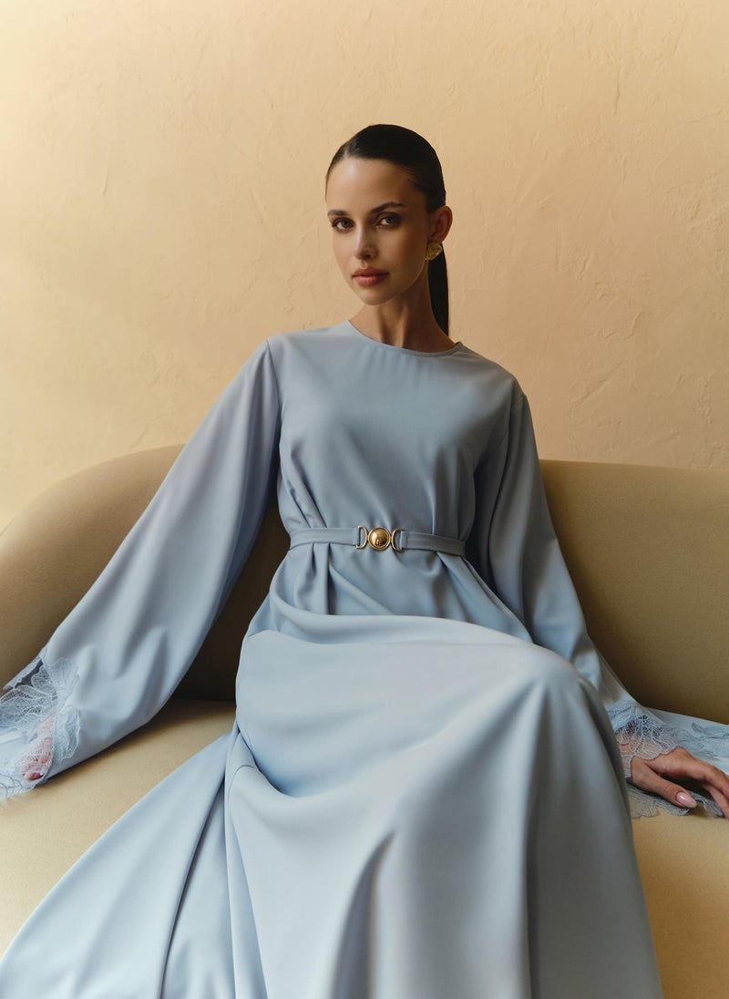 Satin maxi dress with lace on the sleeves and matching sash belt