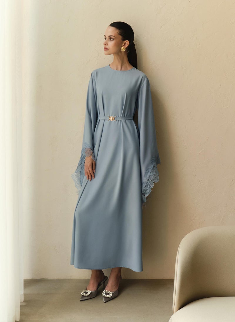 Satin maxi dress with lace on the sleeves and matching sash belt