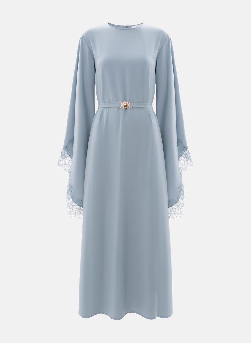 Satin maxi dress with lace on the sleeves and matching sash belt