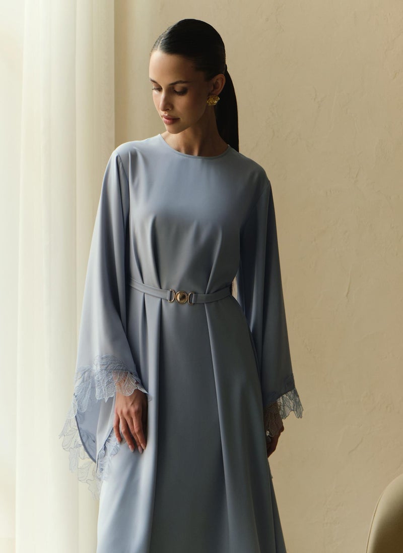 Satin maxi dress with lace on the sleeves and matching sash belt