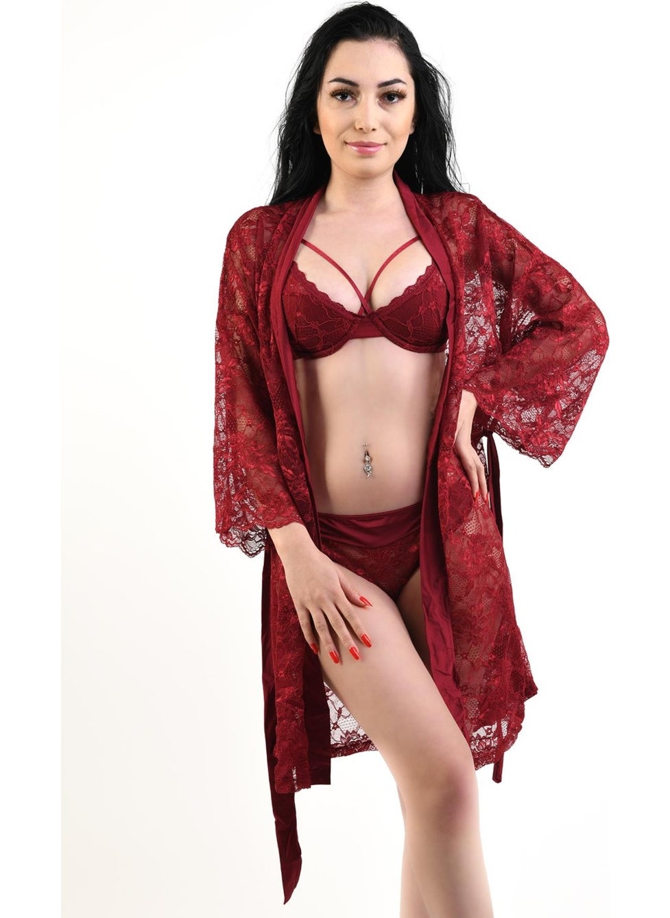 Calandre Lace Dressing Gown 4663 - Claret Red