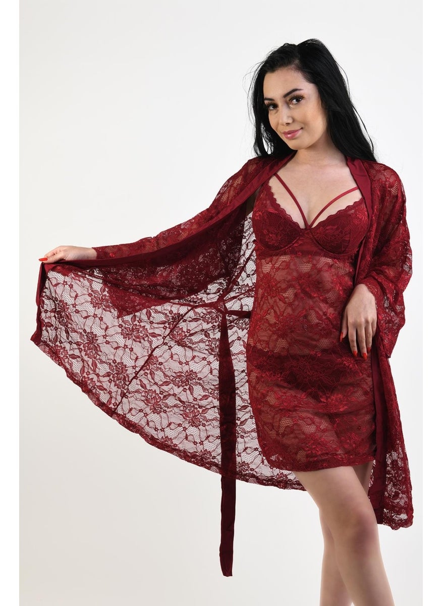 Calandre Lace Dressing Gown 4663 - Claret Red