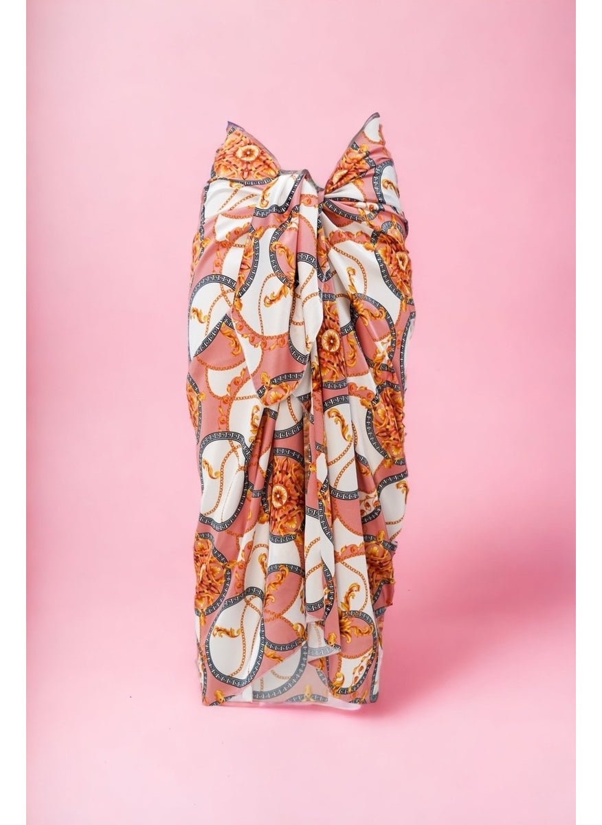 White Salmon Chain Patterned Long Pareo Satin Women's Beach Dress New Season