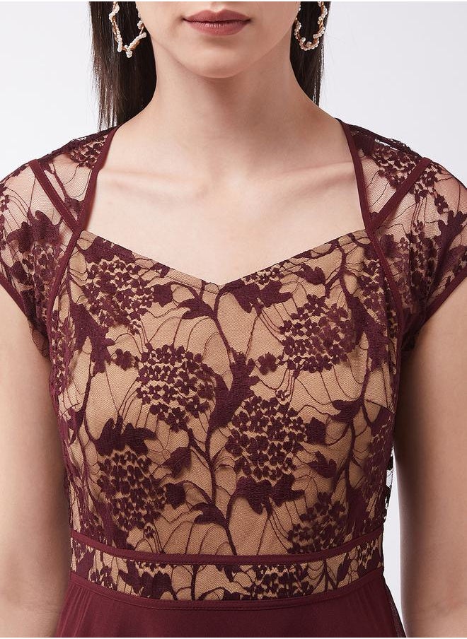 Floral Mesh Insert A-Line Maxi Dress by Styli