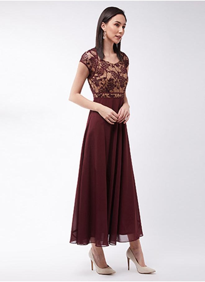 Floral Mesh Insert A-Line Maxi Dress by Styli