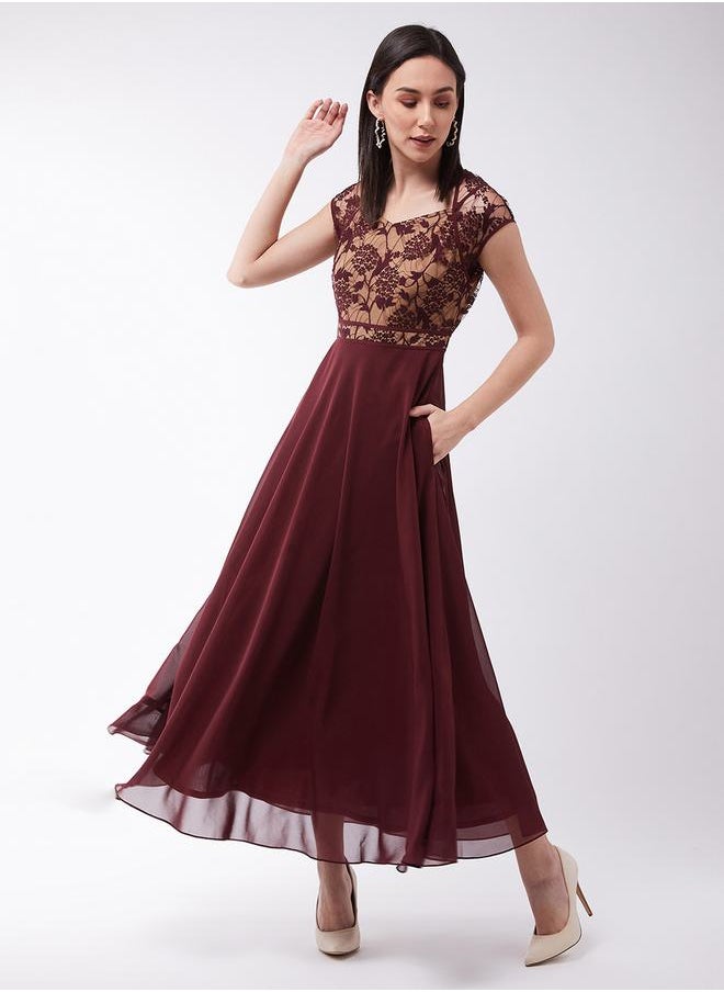 Floral Mesh Insert A-Line Maxi Dress by Styli