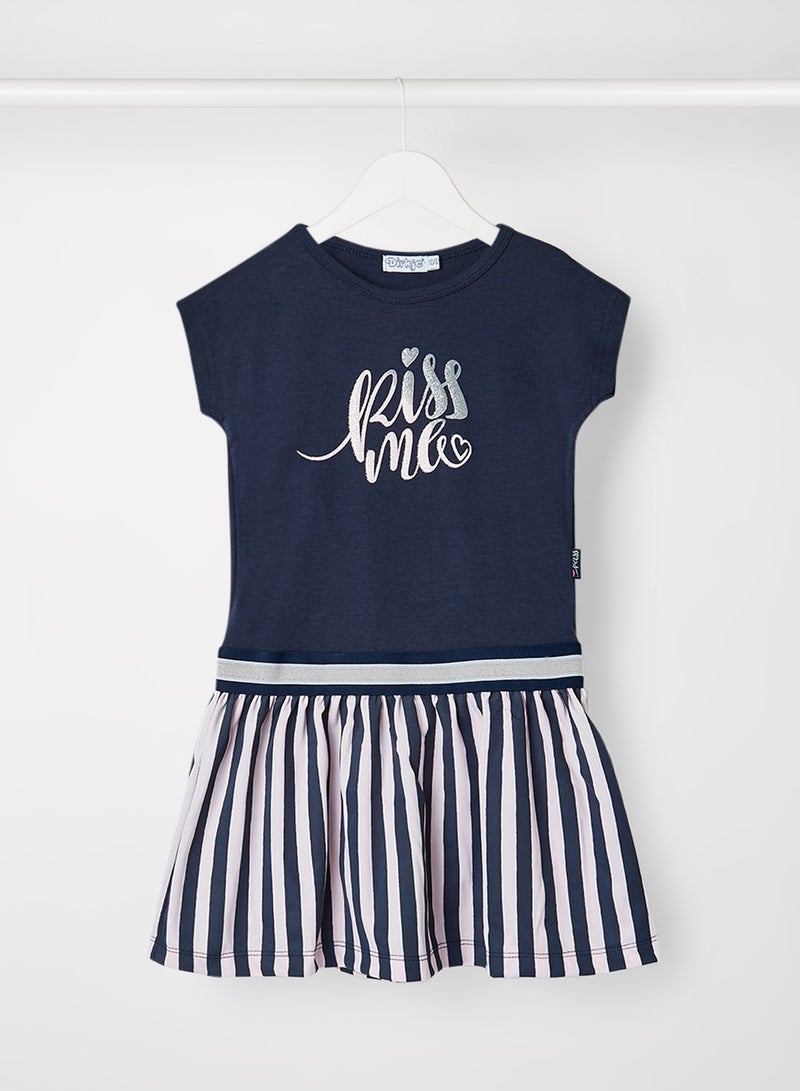 Baby/Kids Slogan Print Striped Dress Navy/Light Pink