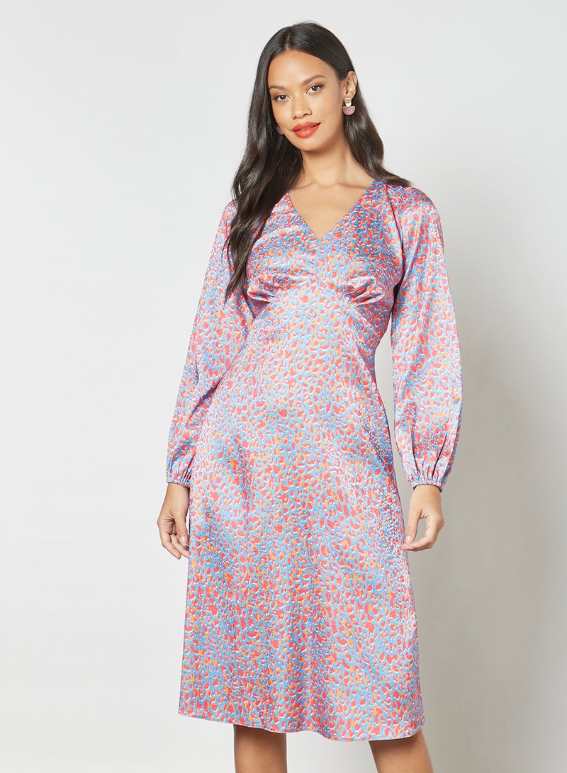 Leopard Print V-Neck Dress Blue/Orange