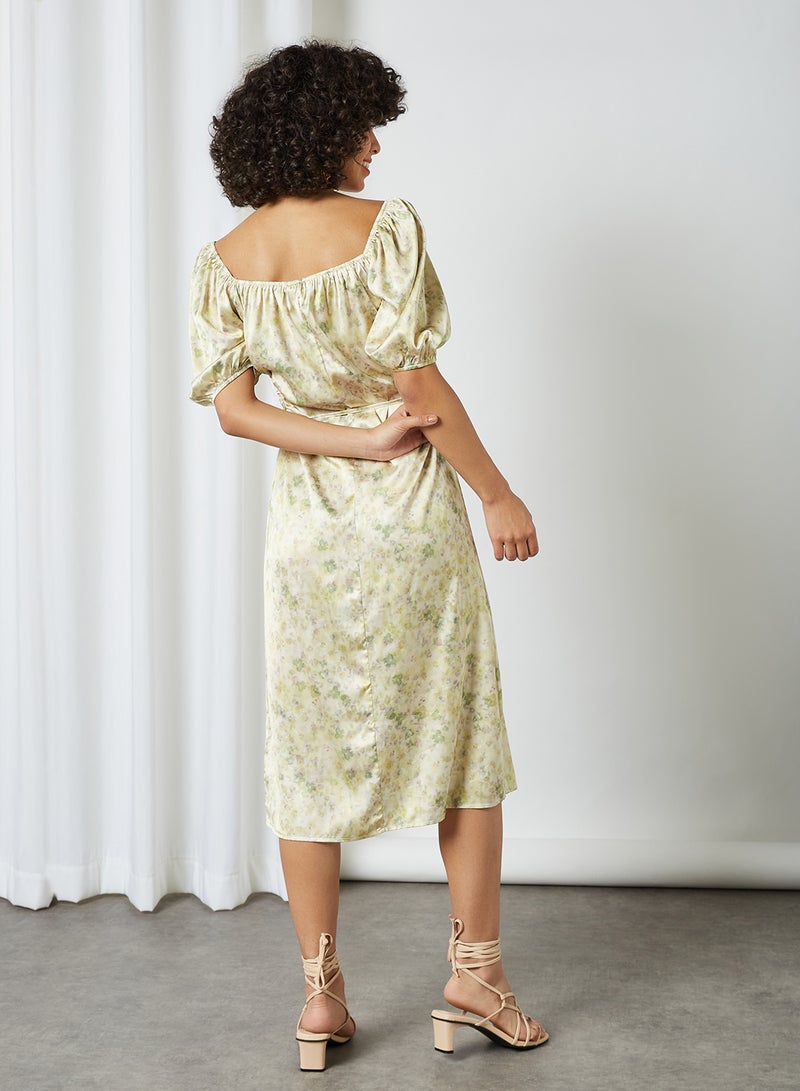 Puff Sleeve Cut Out Dress Green Flower