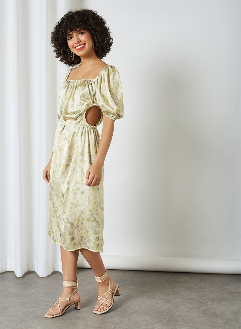 Puff Sleeve Cut Out Dress Green Flower
