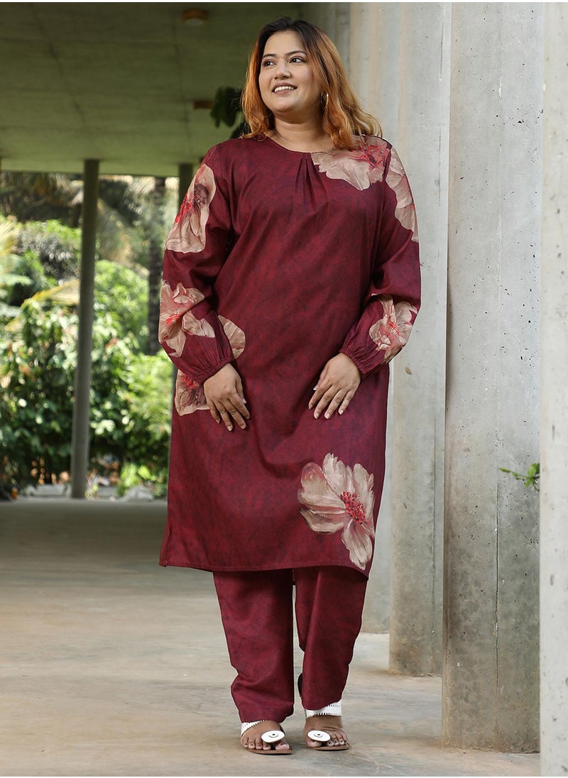 Women's Rouge Pink Poppy Flora Kurti With Trousers