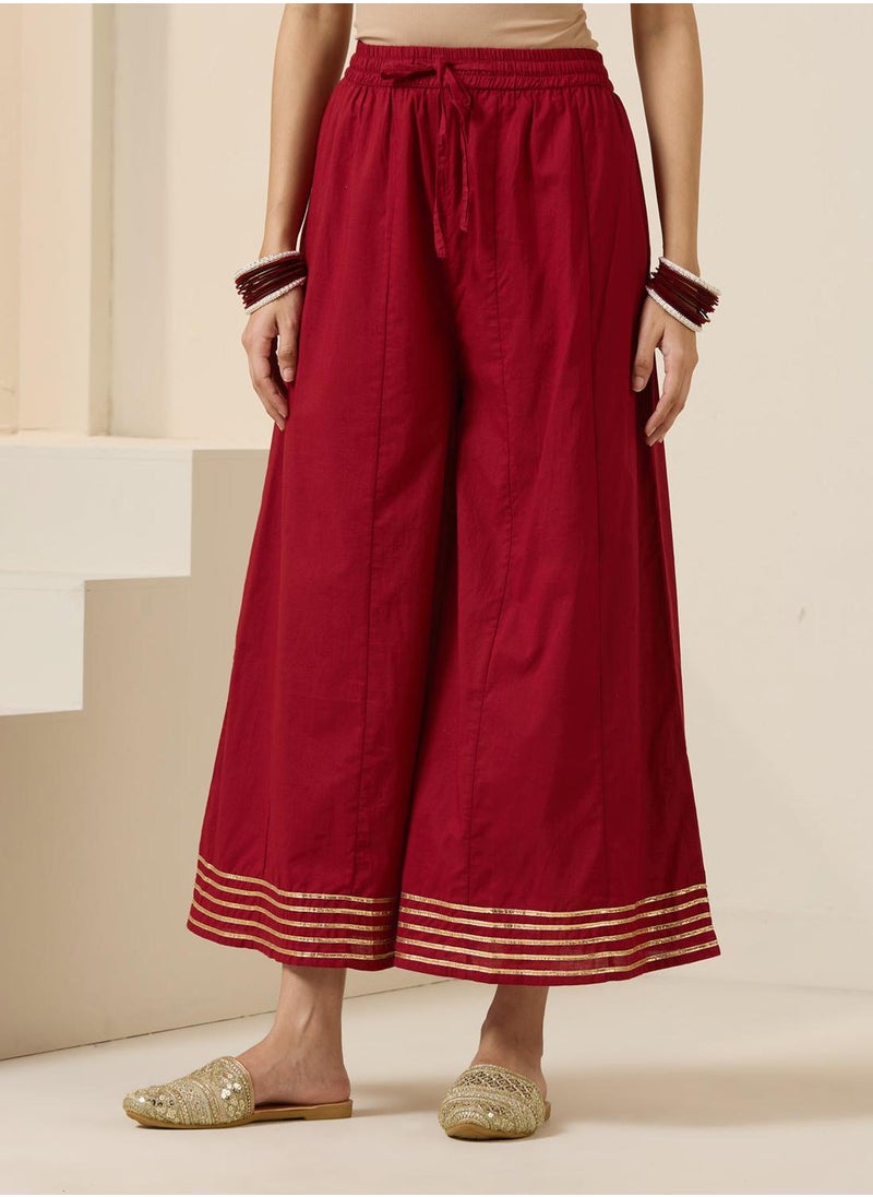 Women's Maroon 100% Cotton Embroidered Tunic Full Length Palazzo Straight Fit Kurta Set
