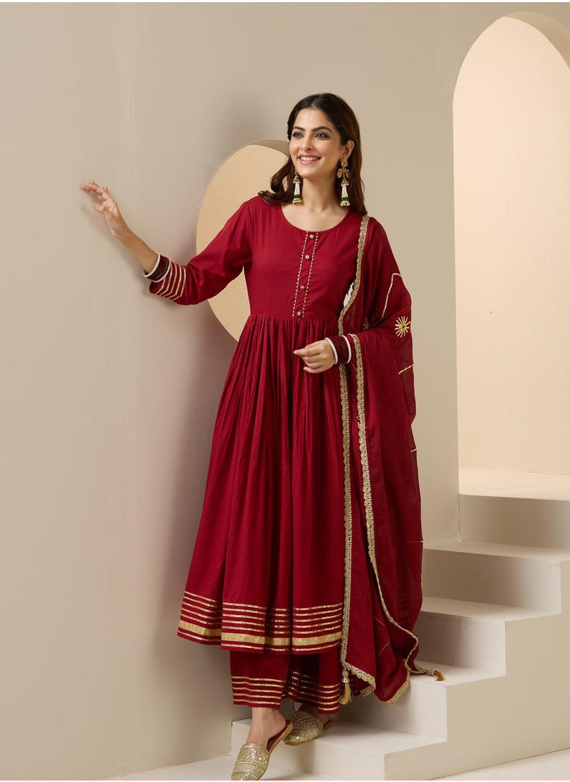Women's Maroon 100% Cotton Embroidered Tunic Full Length Palazzo Straight Fit Kurta Set