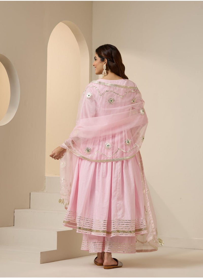 Women's Pink 100% Cotton Embroidered Tunic Full Length Palazzo Straight Fit Kurta Set
