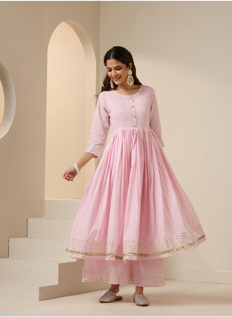 Women's Pink 100% Cotton Embroidered Tunic Full Length Palazzo Straight Fit Kurta Set
