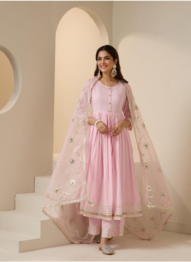 Women's Pink 100% Cotton Embroidered Tunic Full Length Palazzo Straight Fit Kurta Set