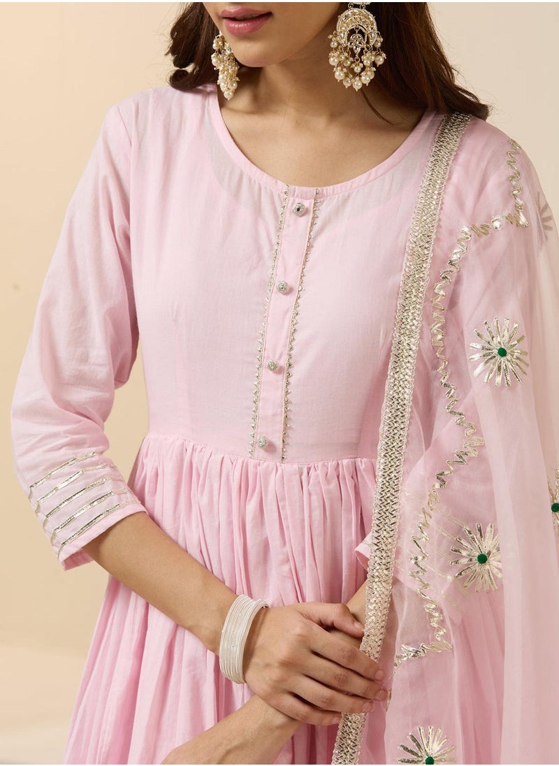 Women's Pink 100% Cotton Embroidered Tunic Full Length Palazzo Straight Fit Kurta Set