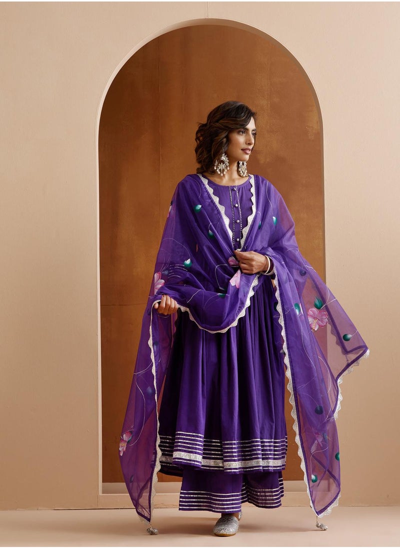 Women's Purple 100% Cotton Embroidered Tunic Full Length Palazzo Straight Fit Kurta Set