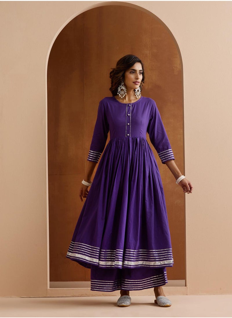 Women's Purple 100% Cotton Embroidered Tunic Full Length Palazzo Straight Fit Kurta Set