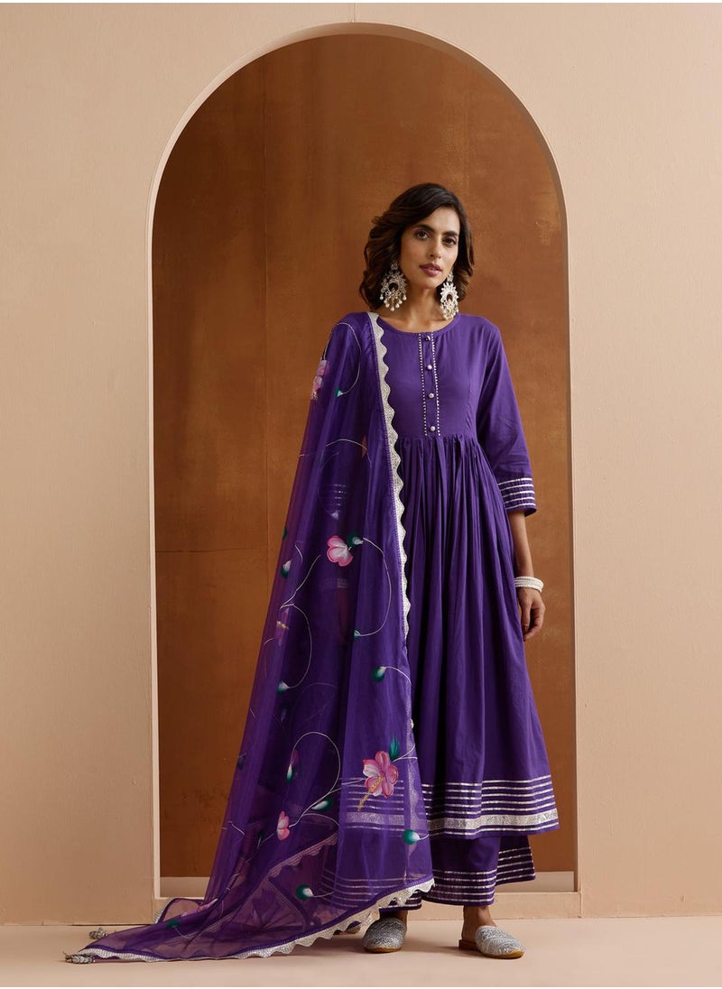 Women's Purple 100% Cotton Embroidered Tunic Full Length Palazzo Straight Fit Kurta Set