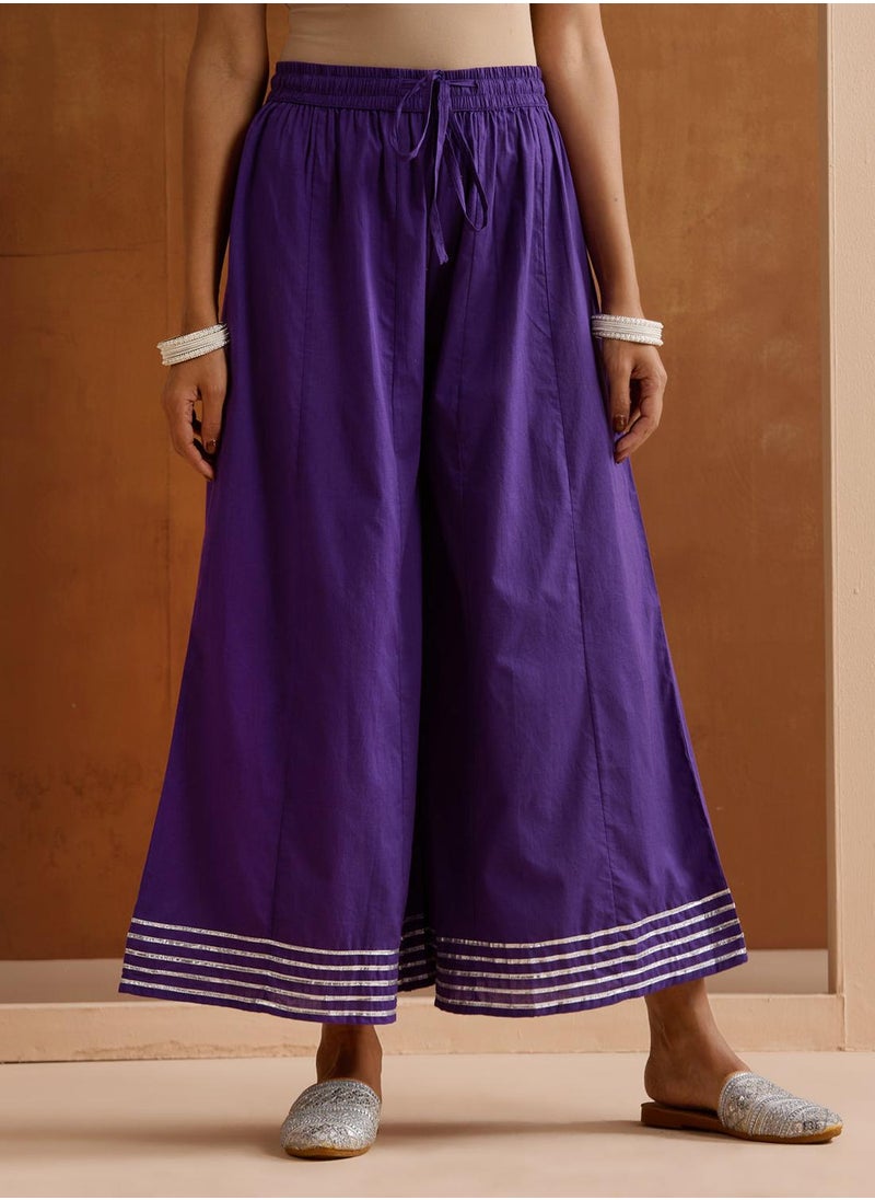Women's Purple 100% Cotton Embroidered Tunic Full Length Palazzo Straight Fit Kurta Set