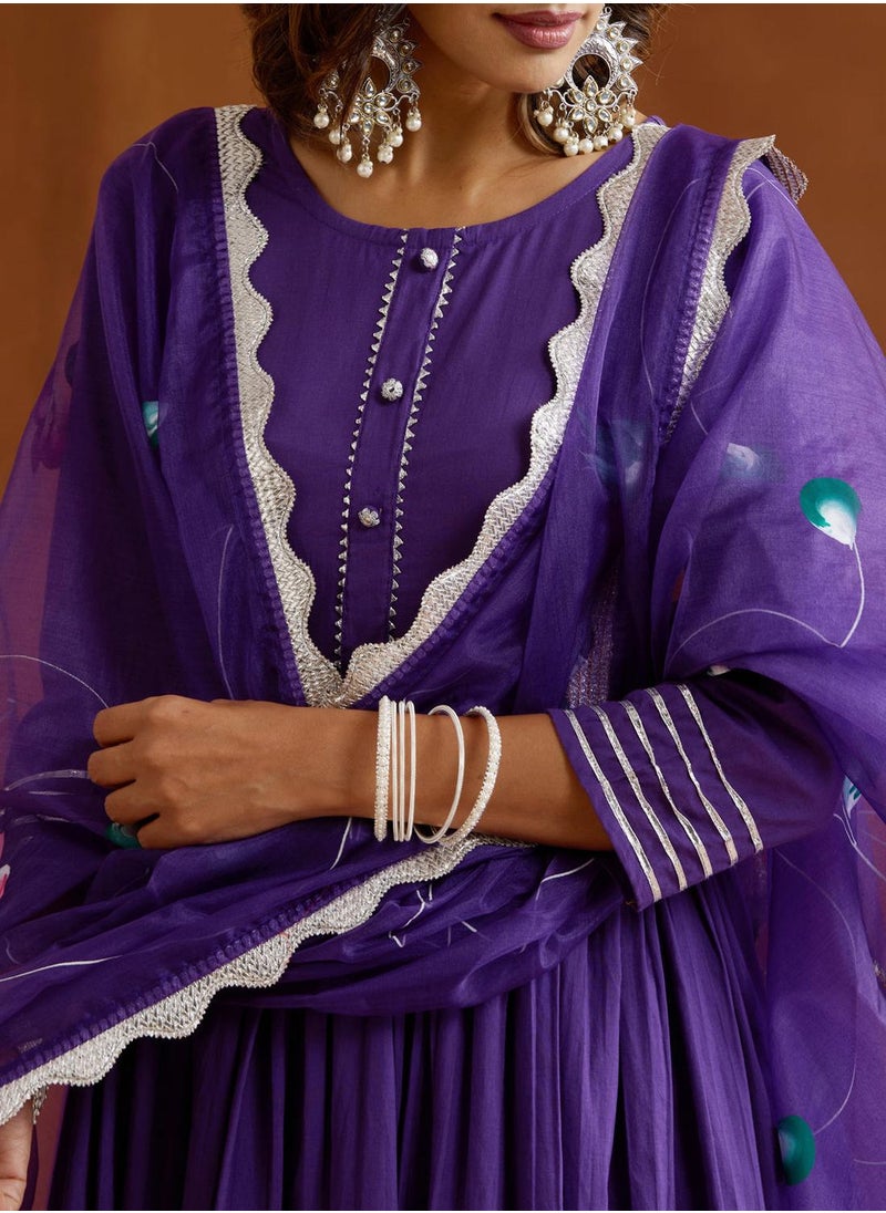 Women's Purple 100% Cotton Embroidered Tunic Full Length Palazzo Straight Fit Kurta Set