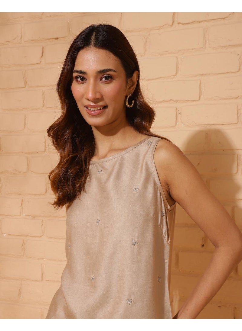 Beige Viscose Silk Embroidered Top