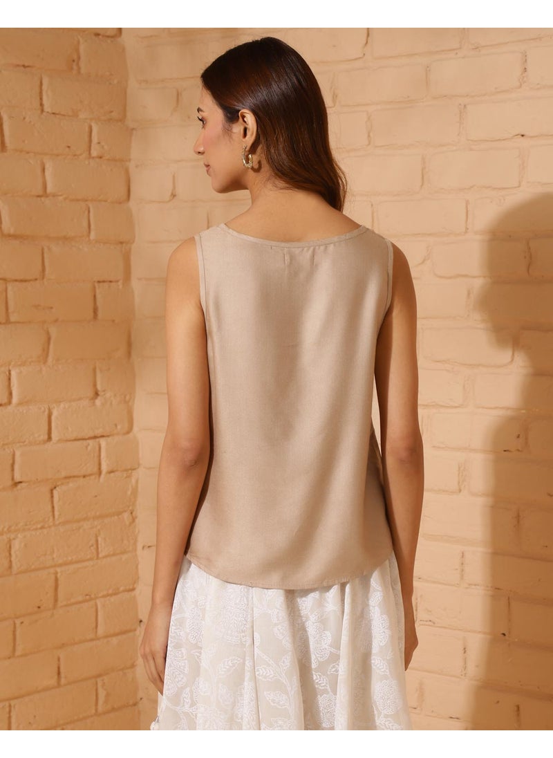 Beige Viscose Silk Embroidered Top