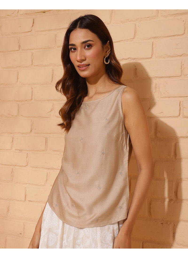 Beige Viscose Silk Embroidered Top