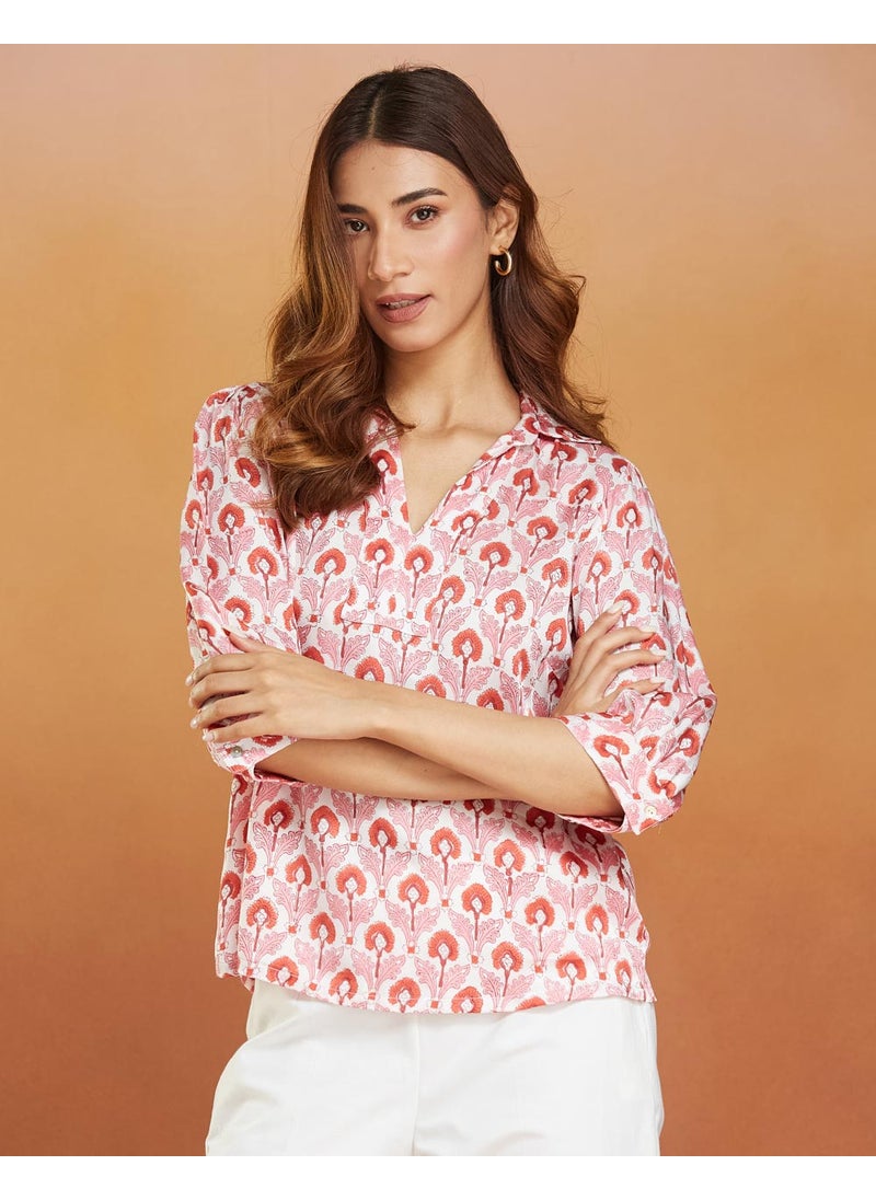 White Pink Viscose Blend Hand Block Printed Top