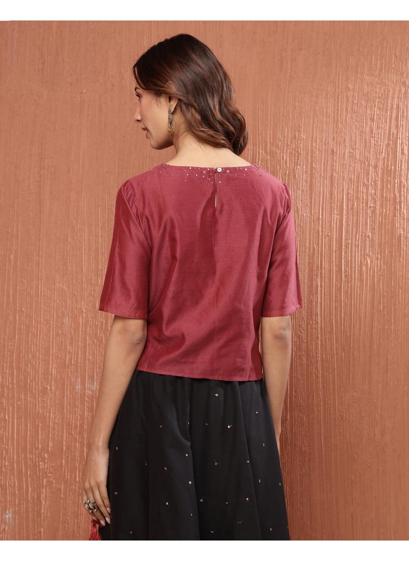 Rust Cotton Silk Embroidered Short Top