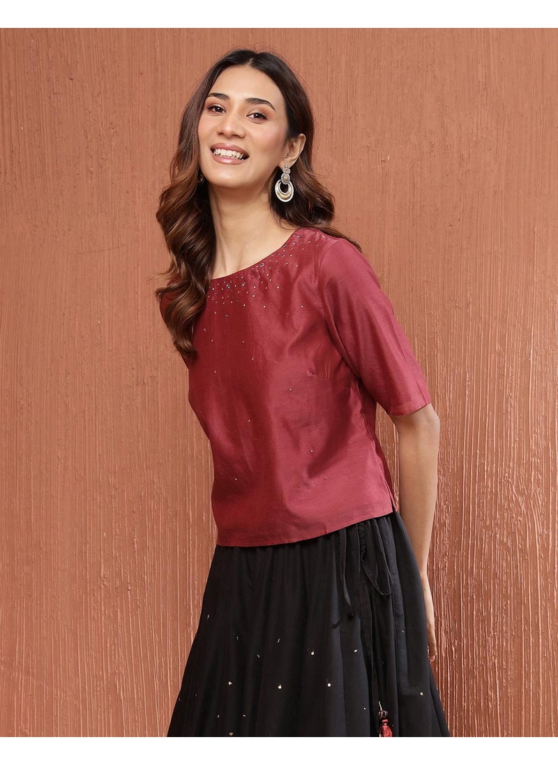 Rust Cotton Silk Embroidered Short Top