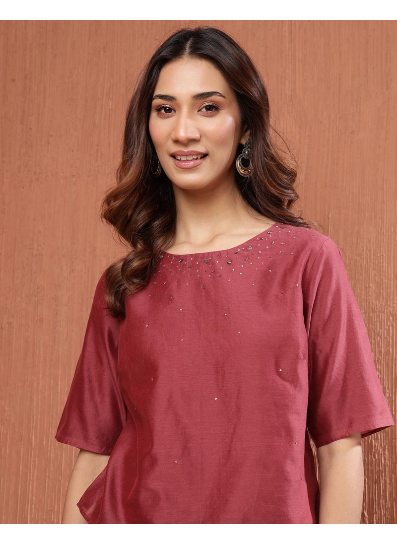 Rust Cotton Silk Embroidered Short Top