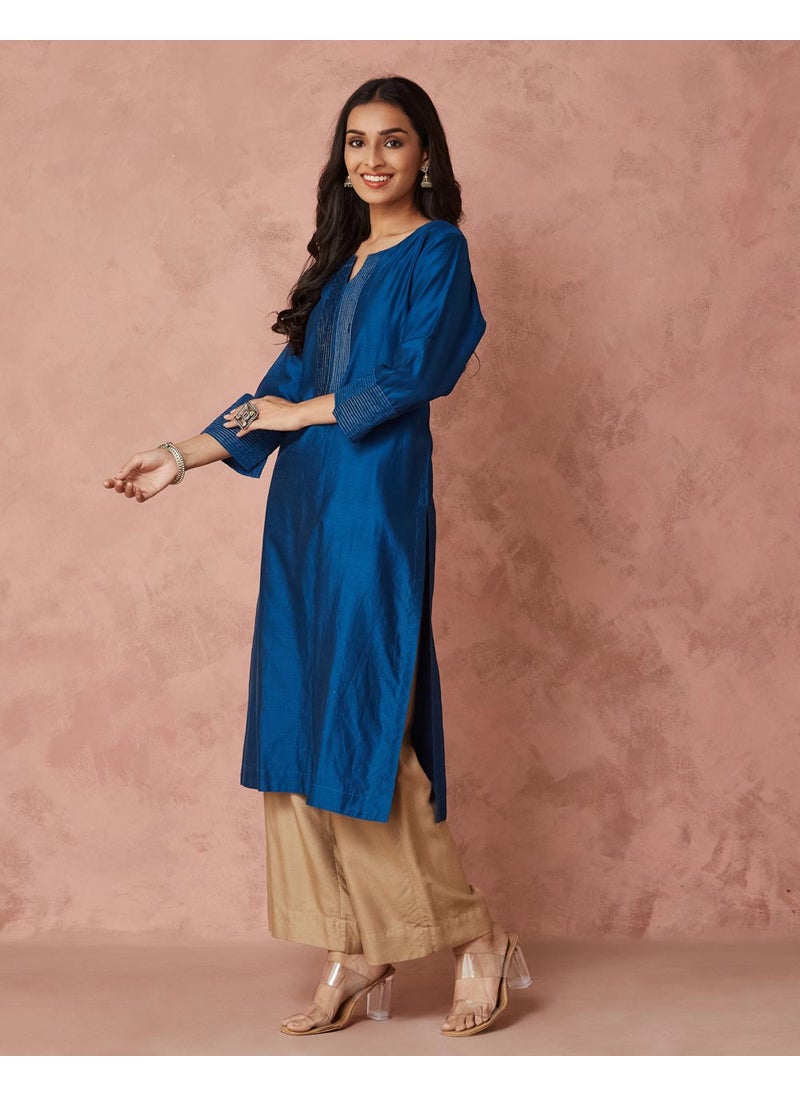 Blue Cotton Silk Embroidered Long Kurta