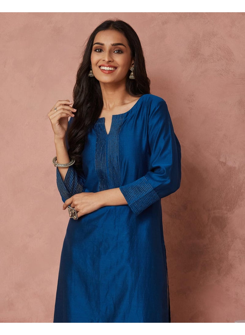 Blue Cotton Silk Embroidered Long Kurta