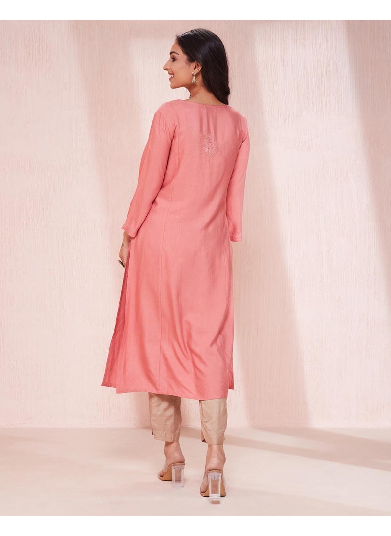 Pink Viscose Silk Chikankari Long Kurta