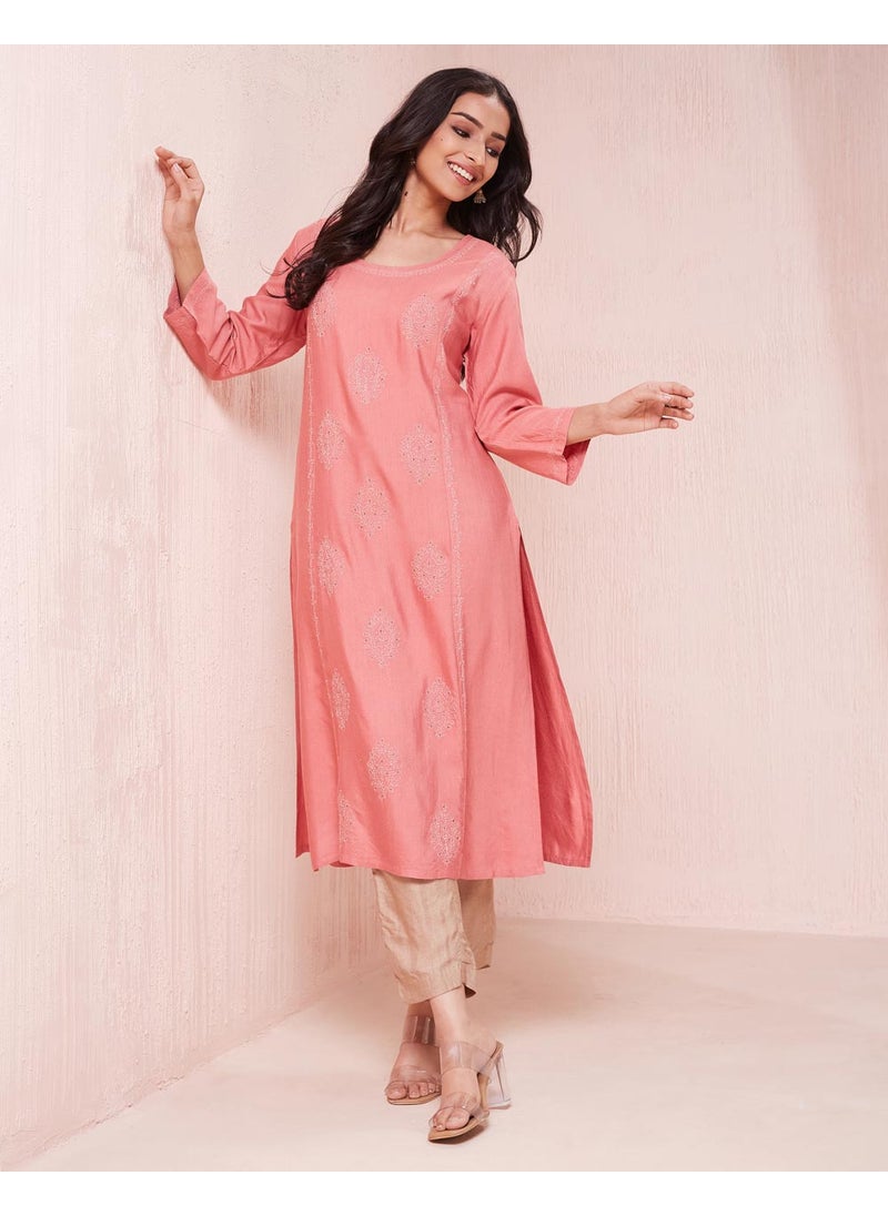 Pink Viscose Silk Chikankari Long Kurta