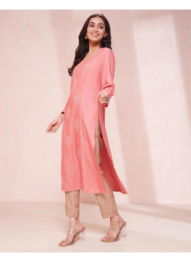 Pink Viscose Silk Chikankari Long Kurta
