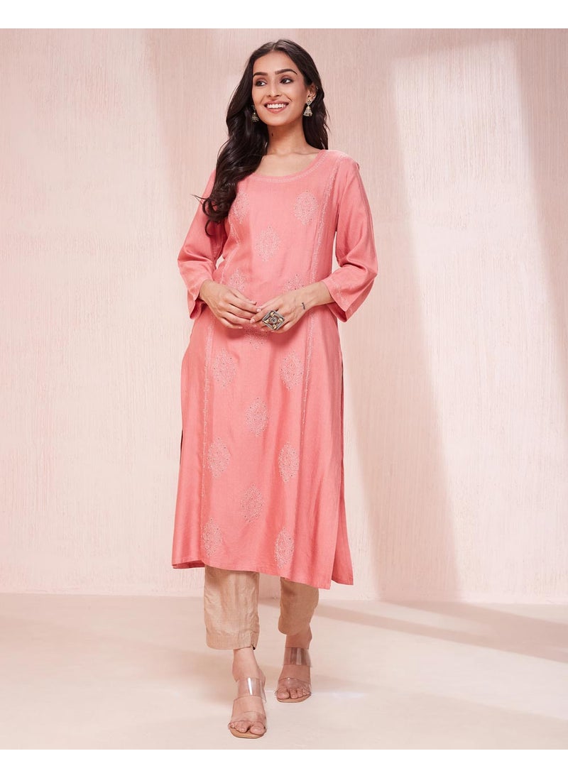Pink Viscose Silk Chikankari Long Kurta