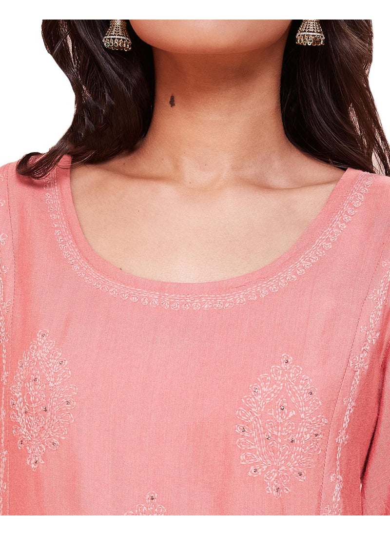 Pink Viscose Silk Chikankari Long Kurta