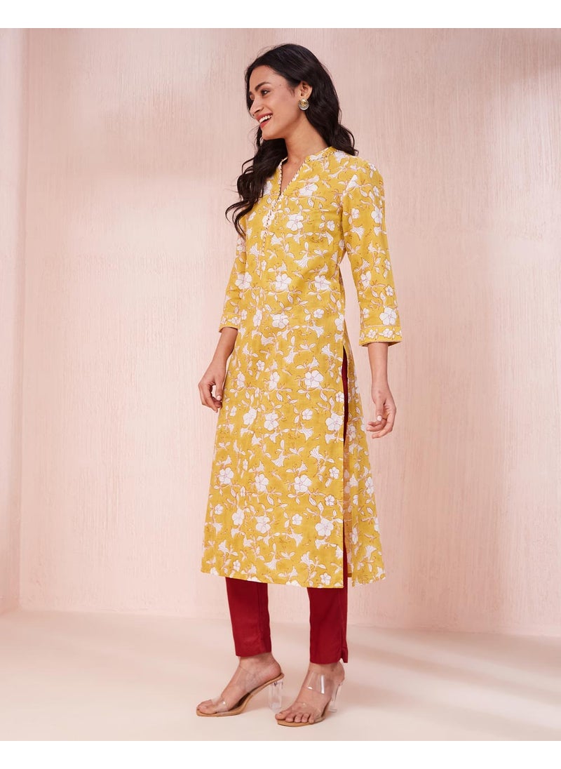 Yellow Cotton Hand Block Printed Long Kurta
