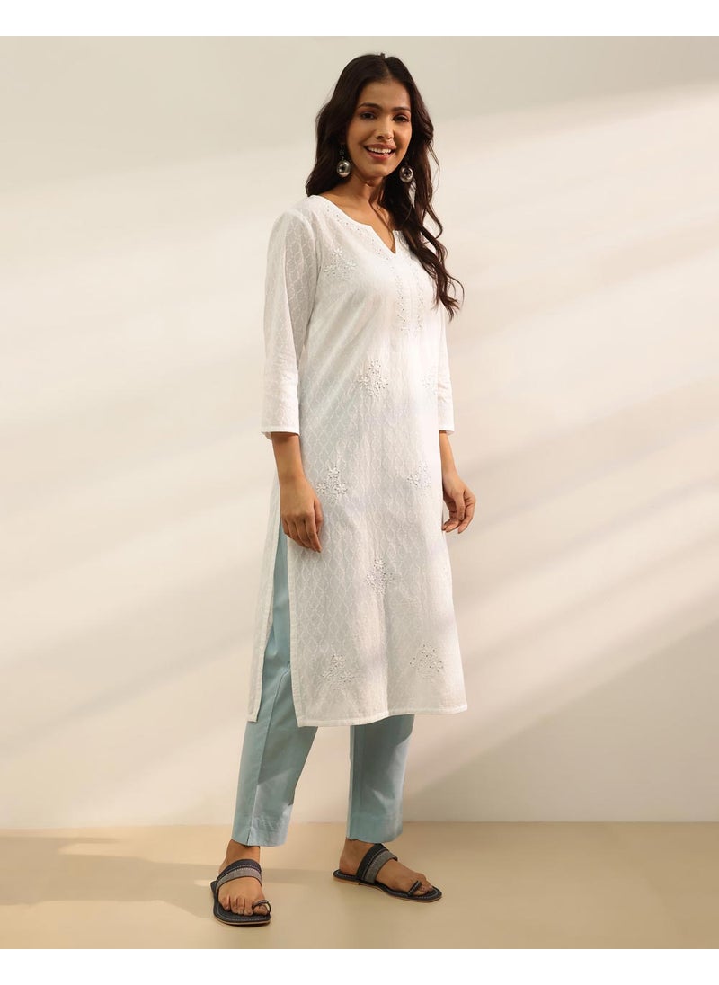 White Cotton Chikankari Long Kurta