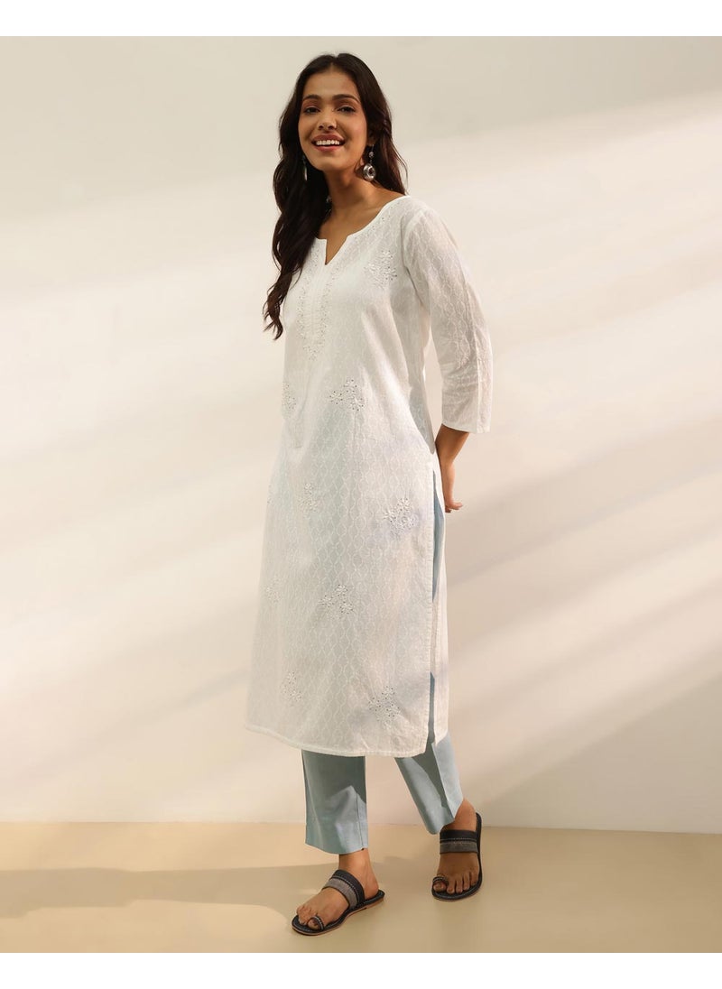 White Cotton Chikankari Long Kurta
