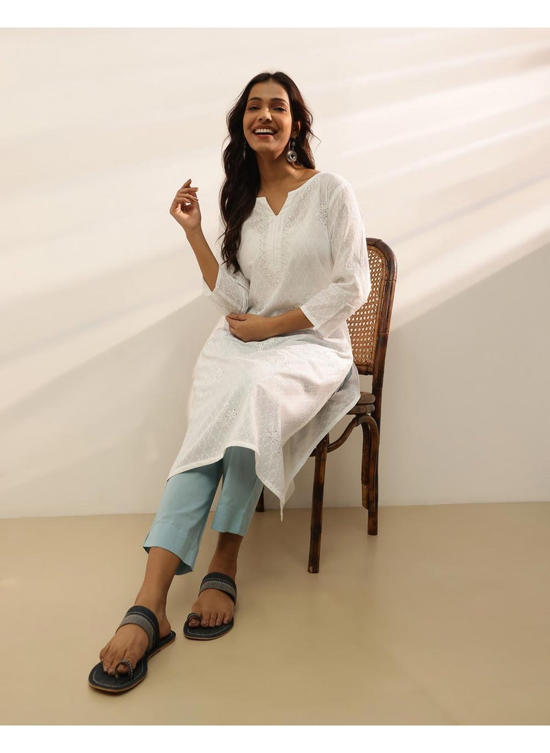 White Cotton Chikankari Long Kurta