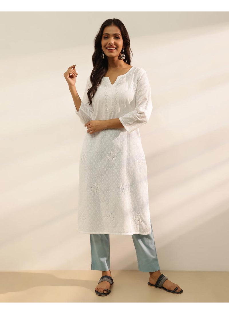 White Cotton Chikankari Long Kurta