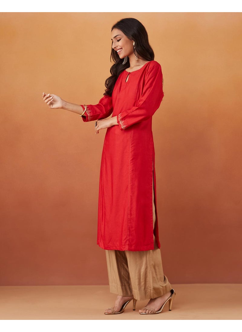 Red Viscose Silk Slim Fit Embroidered Long Kurta