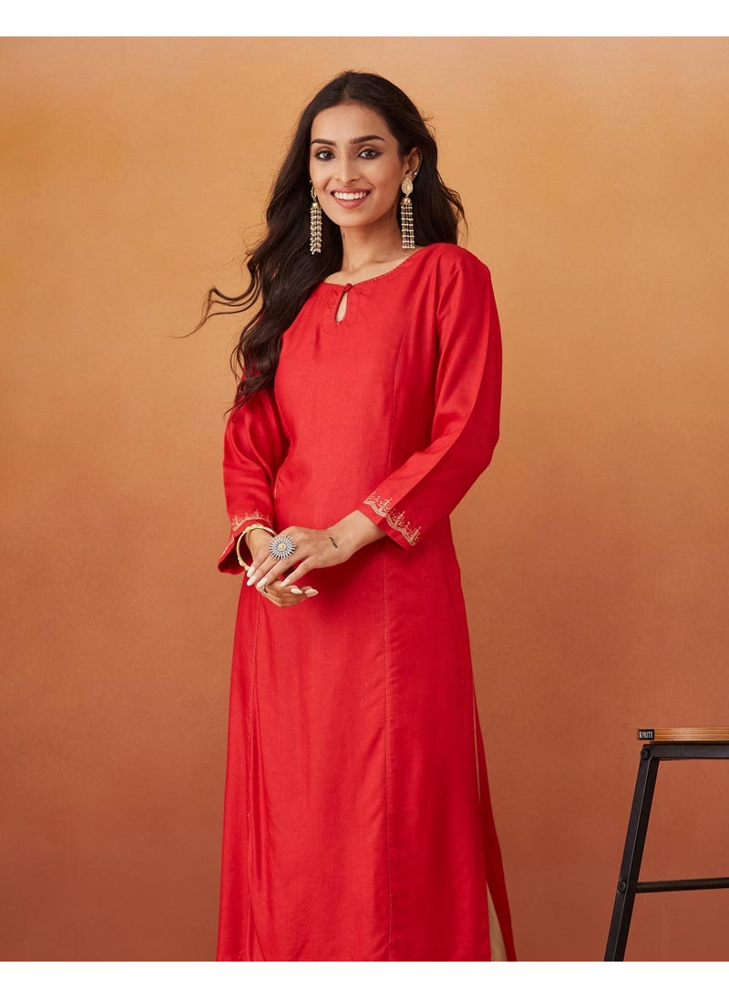Red Viscose Silk Slim Fit Embroidered Long Kurta