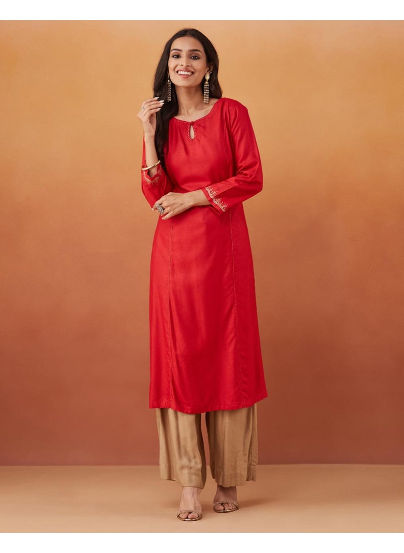 Red Viscose Silk Slim Fit Embroidered Long Kurta